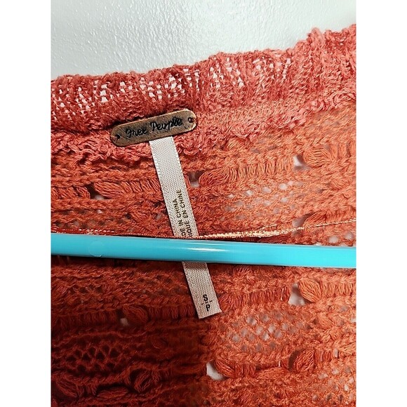 Free People Women's Sweater Open Knit Ruffle Hem Pullover Coral Orange S EUC - Picture 6 of 7
